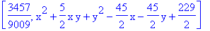 [3457/9009, x^2+5/2*x*y+y^2-45/2*x-45/2*y+229/2]